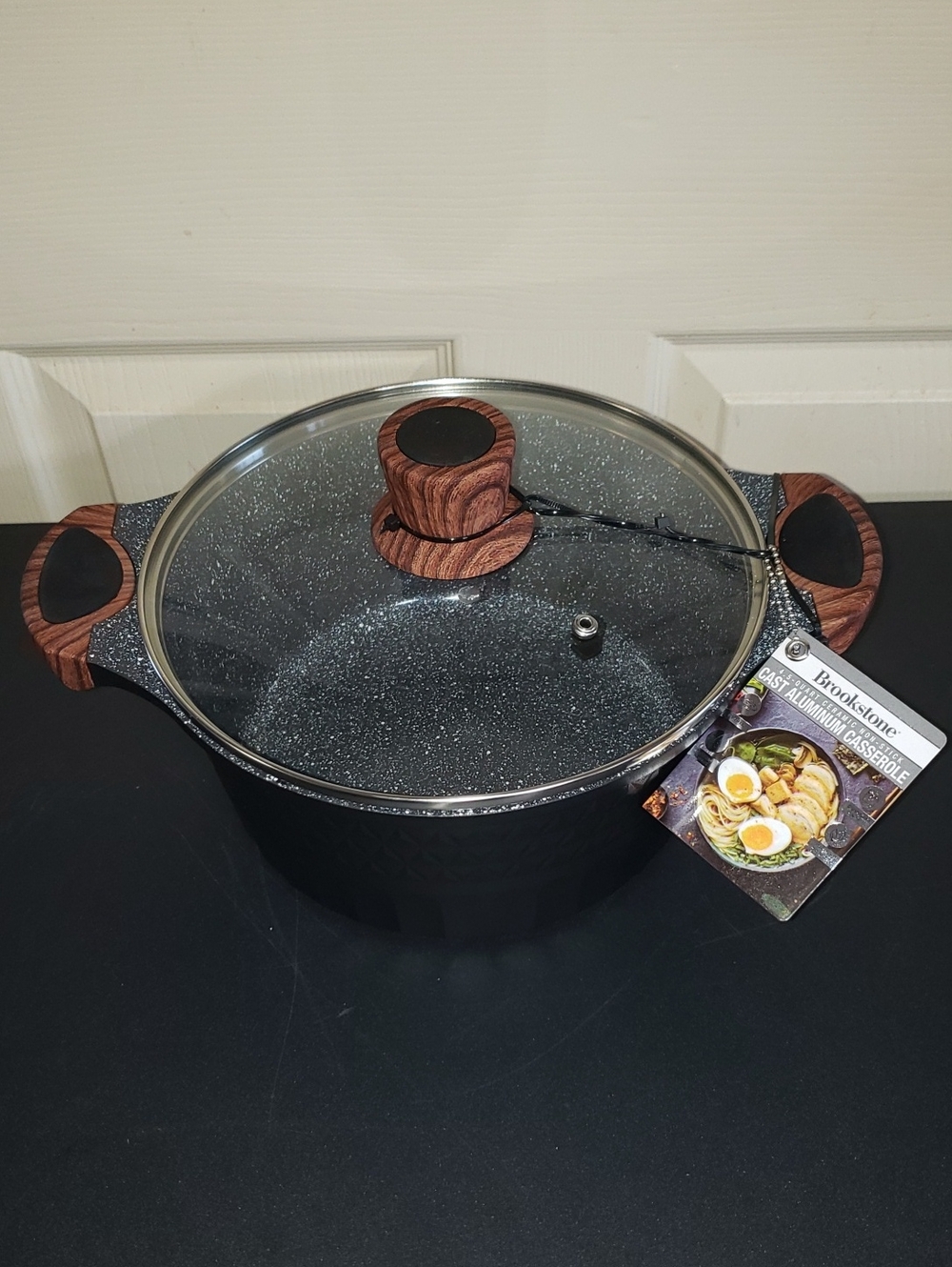 Brookstone Black Nonstick Stockpot with Wood-Effect Accents and Glass Lid